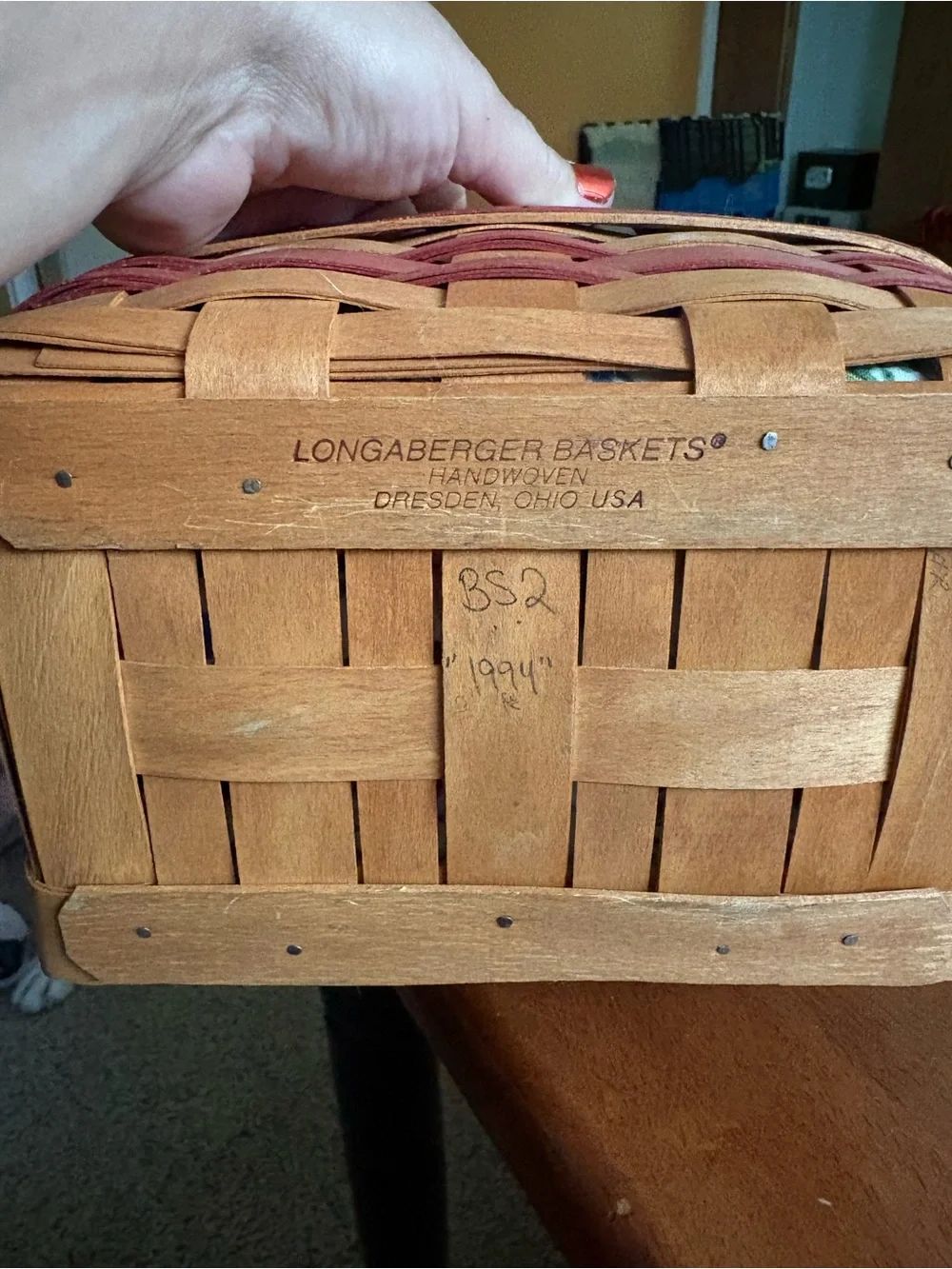 Longaberger Natural and Red Woven Handled Basket with Liner